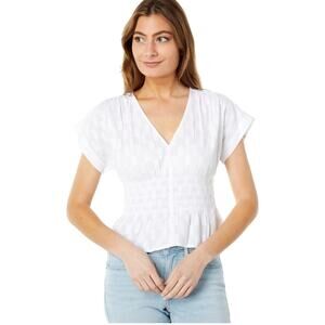 Madewell V-Neck Smocked-Waist Top blouse boho Square Jacquard eyelet white sz M